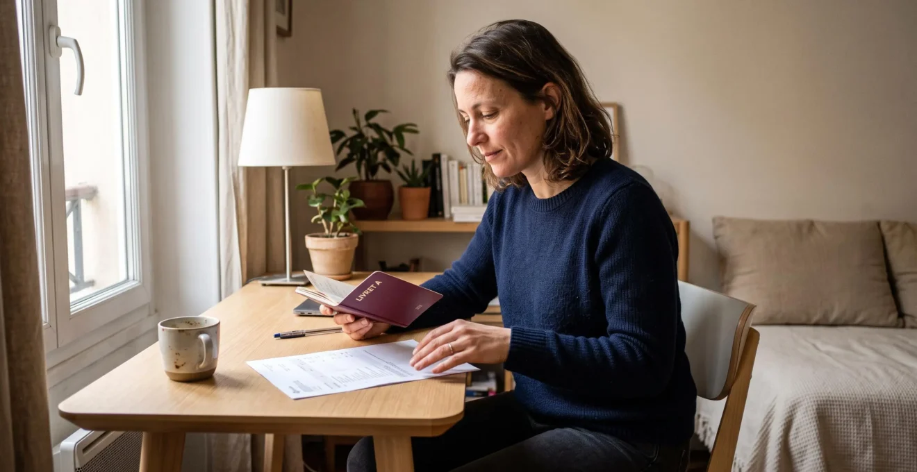 Personne consultant son livret d'épargne et ses relevés bancaires à domicile