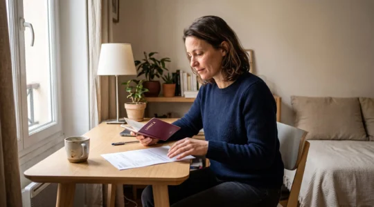 Personne consultant son livret d'épargne et ses relevés bancaires à domicile