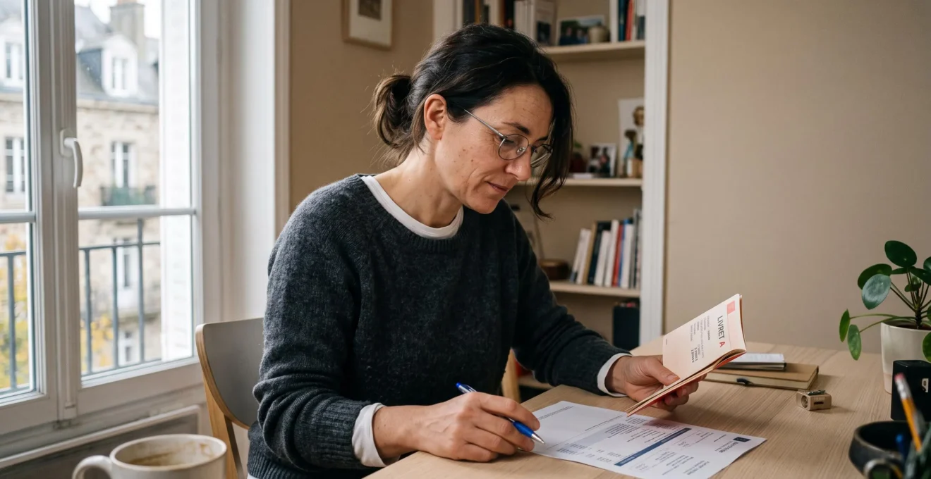 Personne consultant son livret d'épargne et ses relevés bancaires à domicile