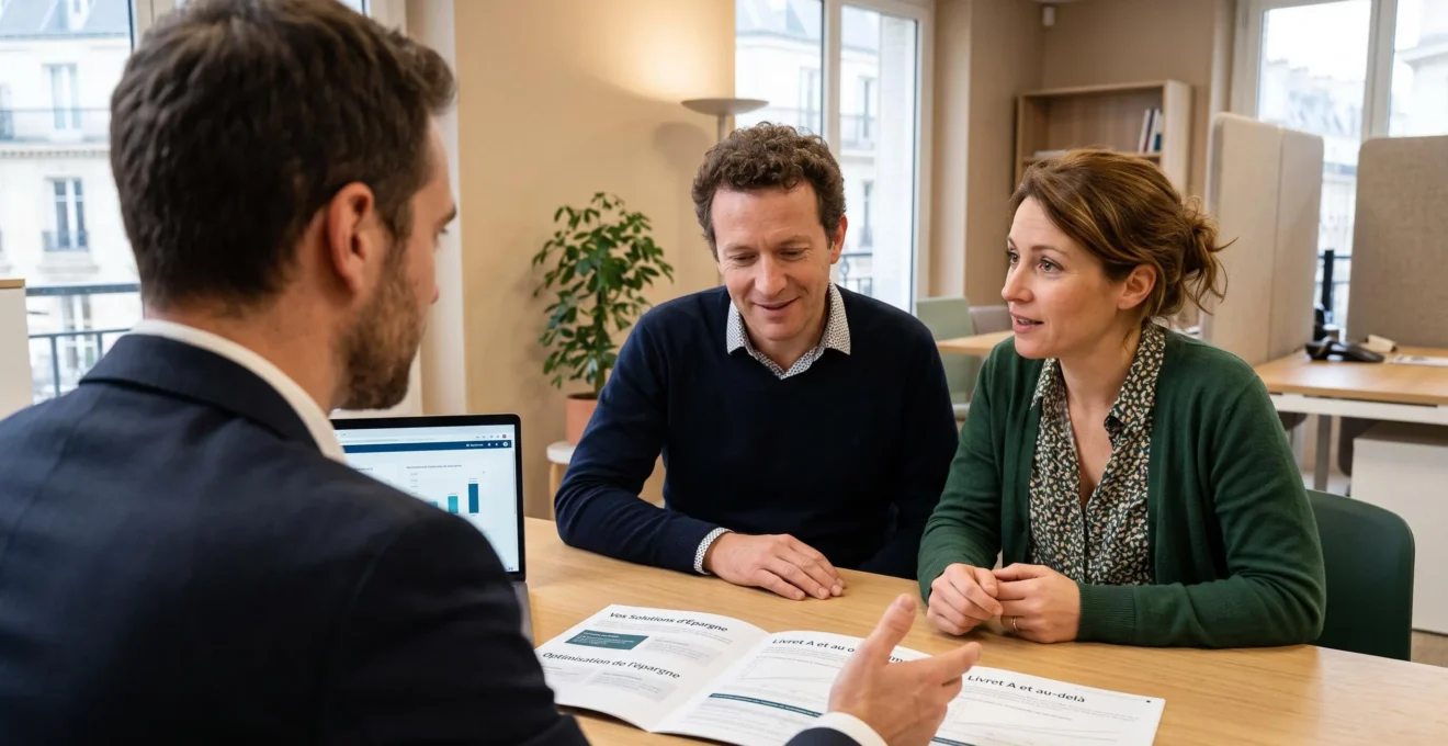 Couple en rendez-vous de conseil bancaire discutant de stratégies d'optimisation de l'épargne