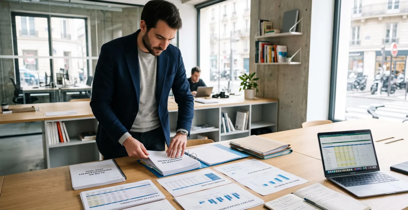 Entrepreneur organisant et structurant les documents de son dossier de demande de financement bancaire sur une table de travail