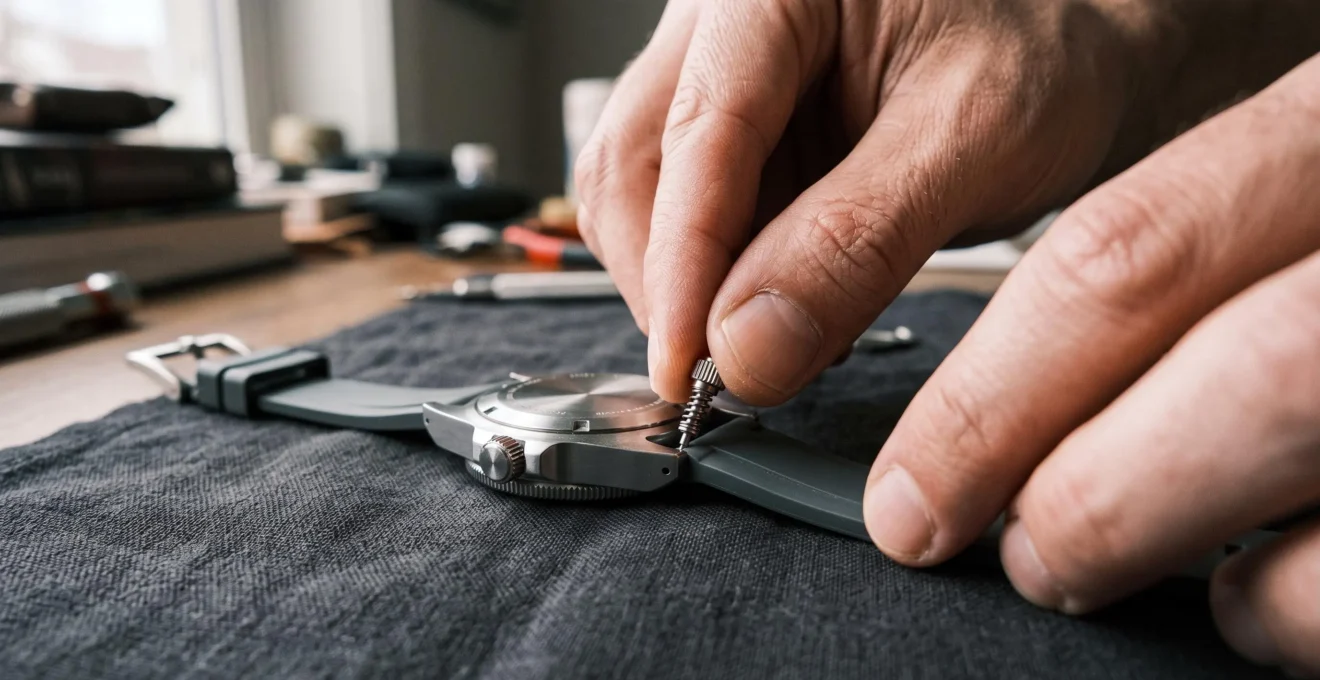 Gros plan sur des doigts comprimant la barrette à ressort quick release pour la clipser entre les cornes d'une montre.