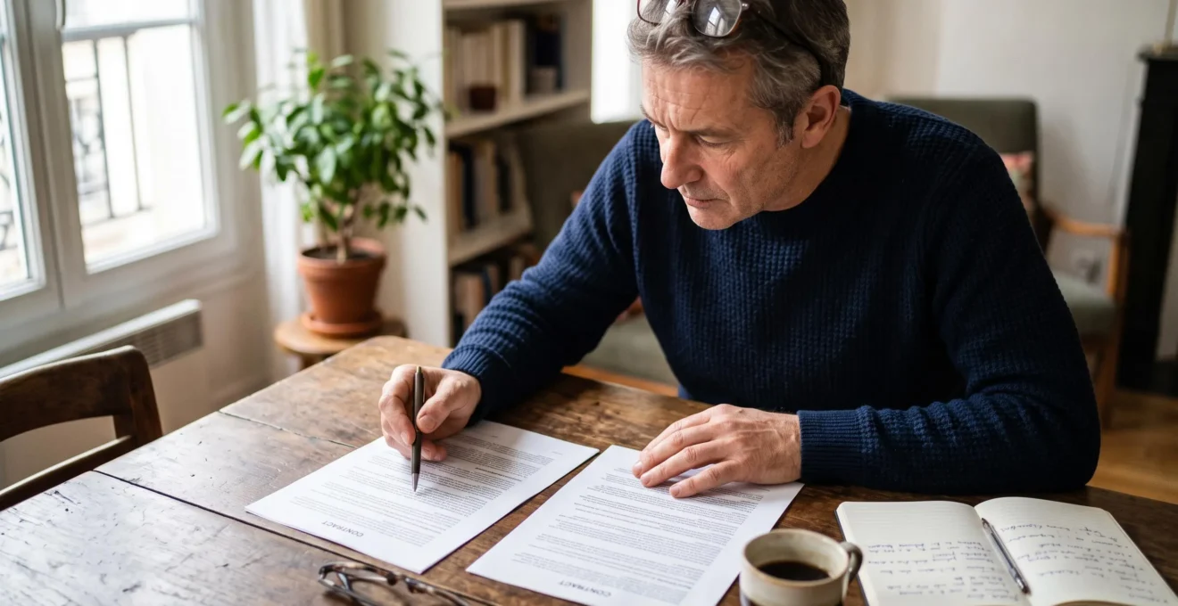 Un homme compare deux contrats d'assurance voyage posés côte à côte sur une table en bois.