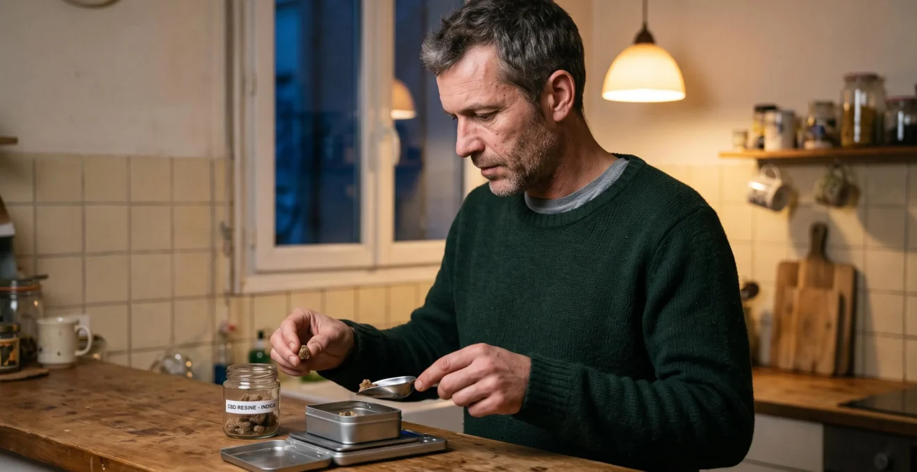 Un homme debout dans une cuisine transfère une petite quantité de résine de CBD dans une boîte métallique en la pesant.