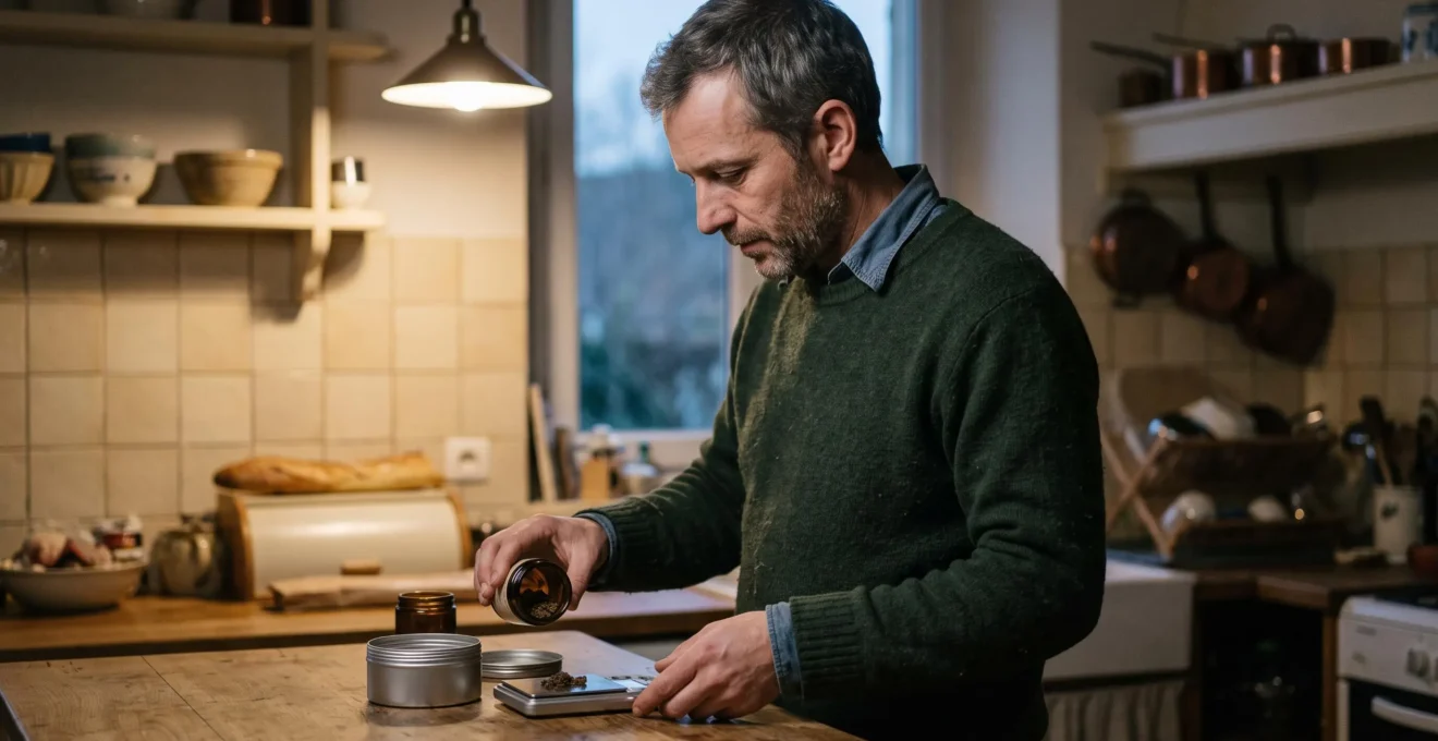 Un homme debout dans une cuisine transfère une petite quantité de résine de CBD dans une boîte métallique en la pesant.