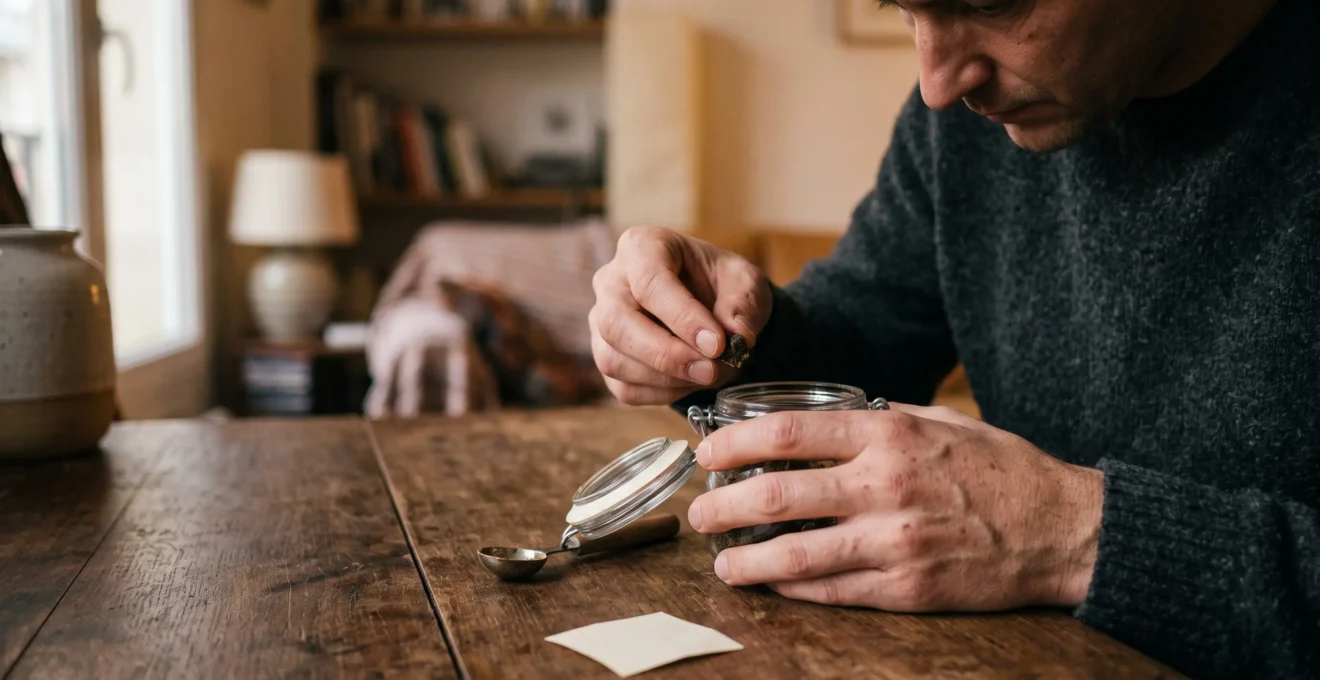 Un homme examine une résine de CBD prélevée dans un petit pot en verre posé sur une table en bois.