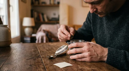 Un homme examine une résine de CBD prélevée dans un petit pot en verre posé sur une table en bois.