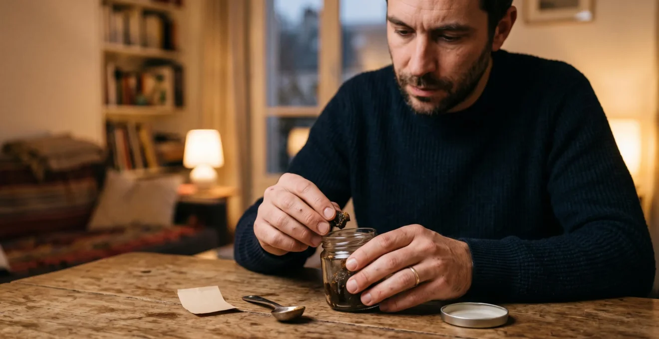 Un homme examine une résine de CBD prélevée dans un petit pot en verre posé sur une table en bois.