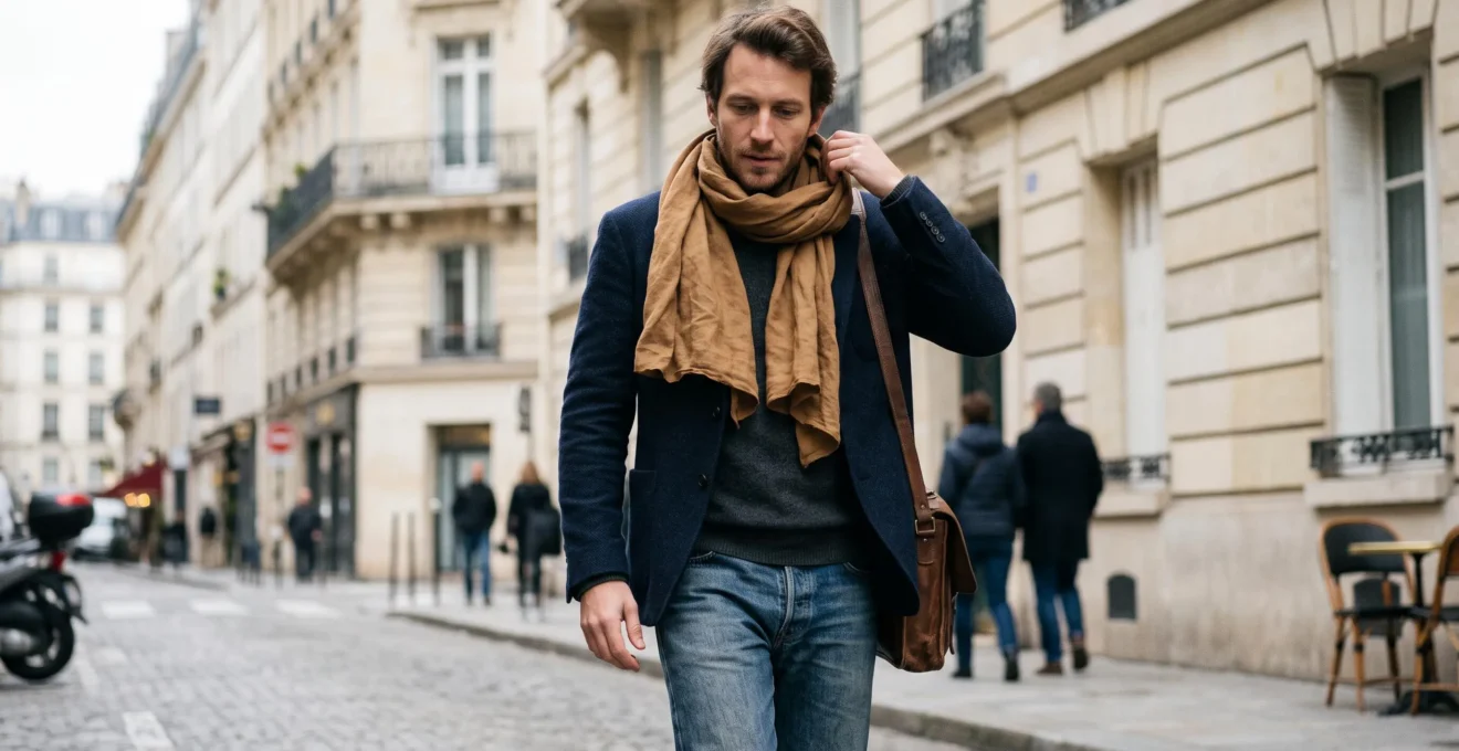 Homme portant un chèche autour du cou dans une rue parisienne, ajustant naturellement l'écharpe