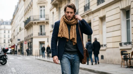 Homme portant un chèche autour du cou dans une rue parisienne, ajustant naturellement l'écharpe