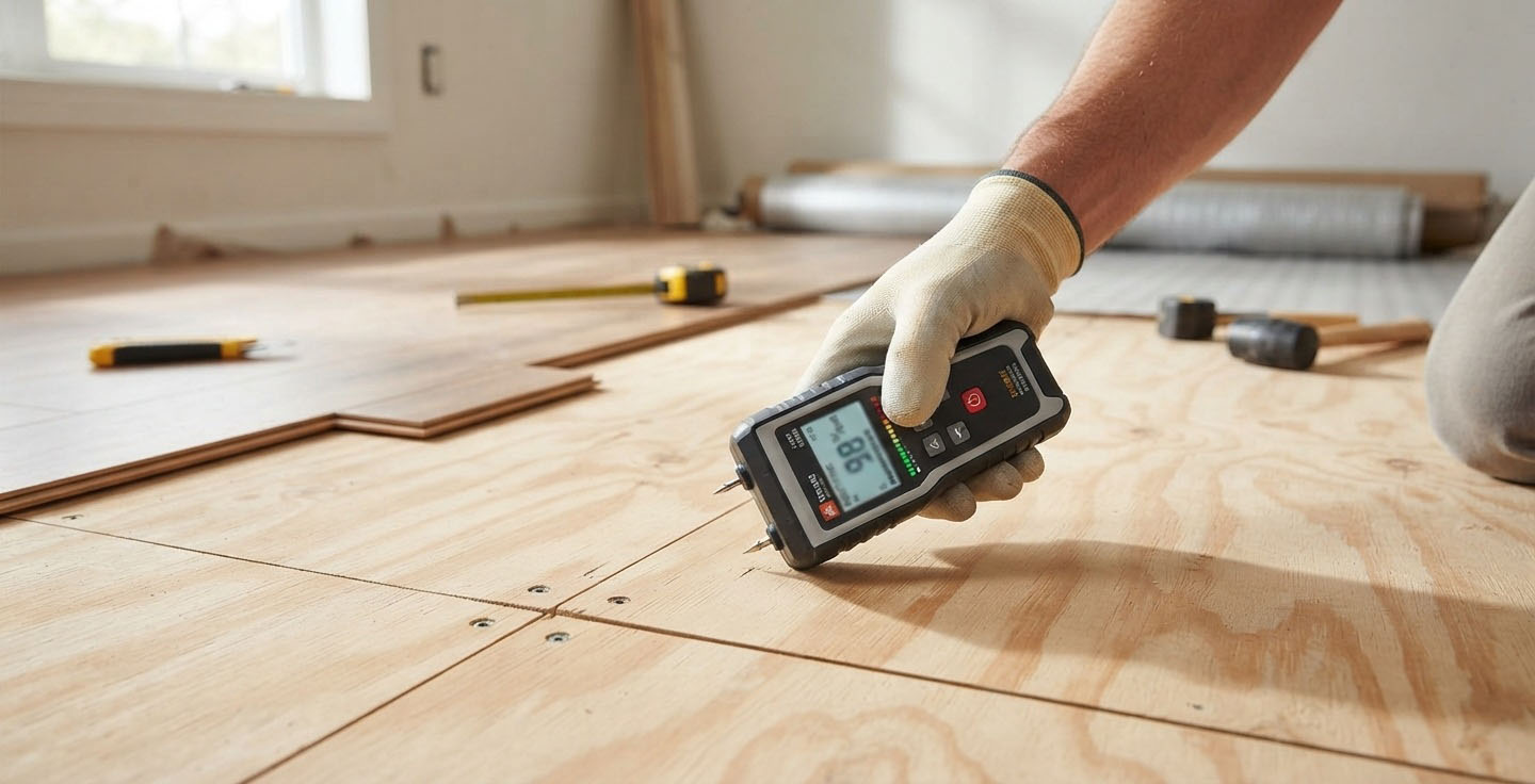 Une main mesure l'humidité d'un sous-plancher de contreplaqué avec un humidimètre avant la pose d'un plancher flottant.