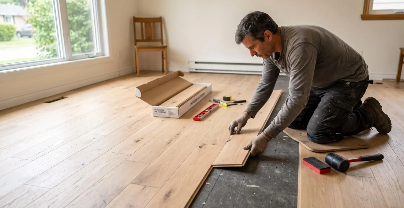 Un installateur assemble des lames de plancher flottant dans un salon résidentiel lumineux.