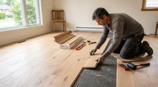 Un installateur assemble des lames de plancher flottant dans un salon résidentiel lumineux.