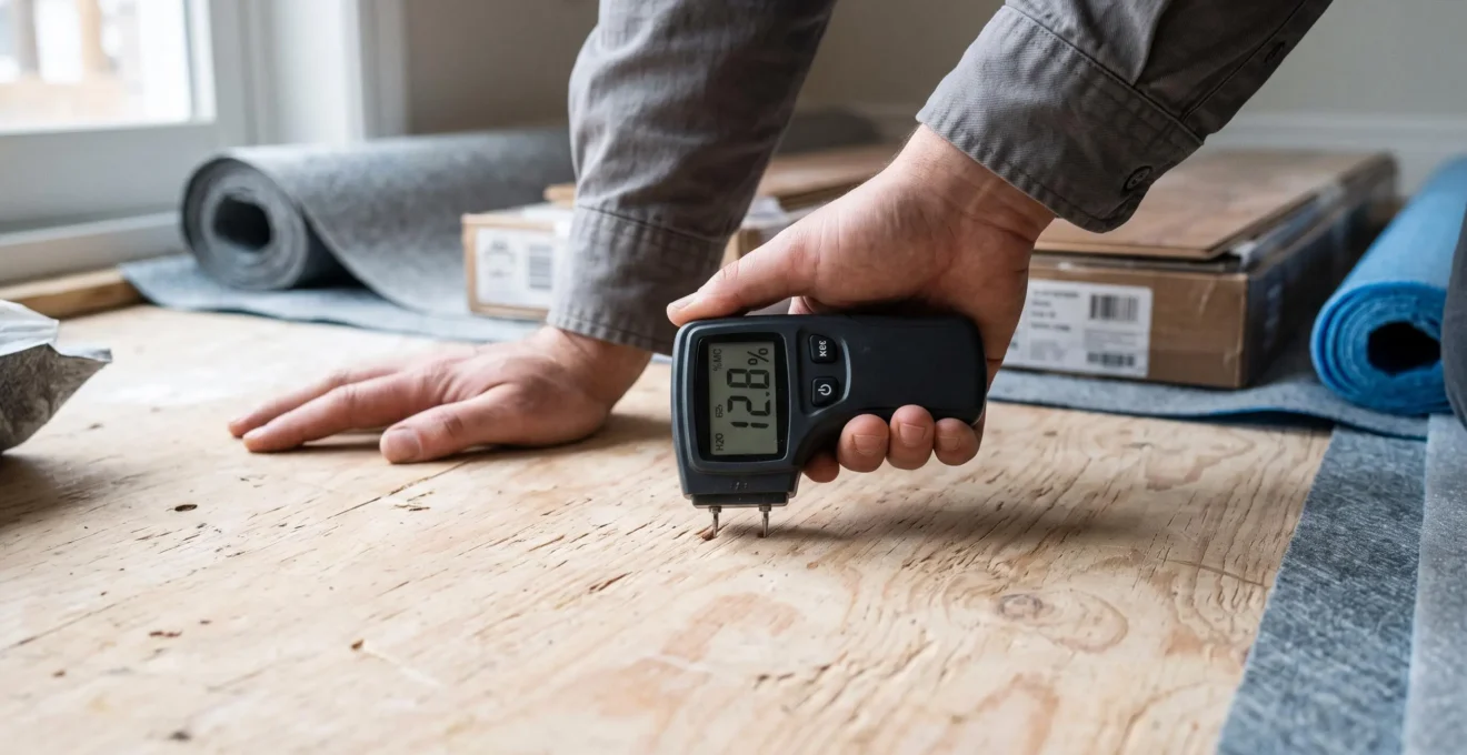 Une main mesure l'humidité d'un sous-plancher de contreplaqué avec un humidimètre avant la pose d'un plancher flottant.