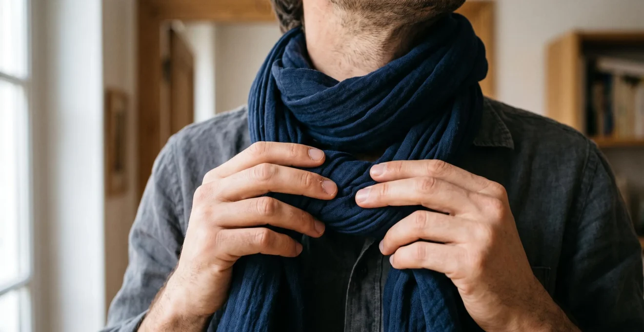 Gros plan sur les mains d'un homme nouant un chèche autour de son cou en technique classique