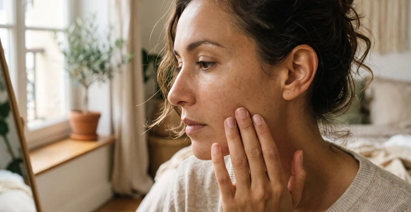 Jeune femme examinant la texture et l'hydratation de sa peau à la lumière naturelle