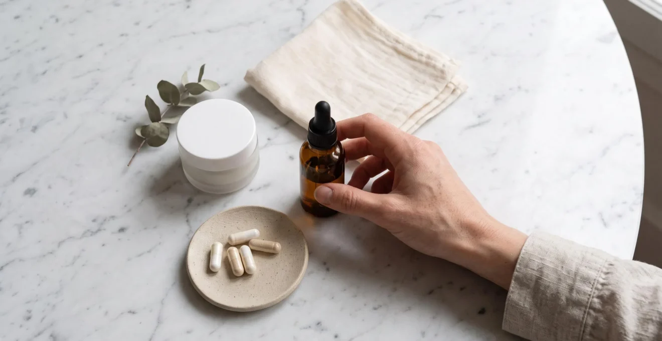 Disposition organisée de produits de routine beauté préventive incluant sérum, crème et compléments alimentaires sur une surface claire