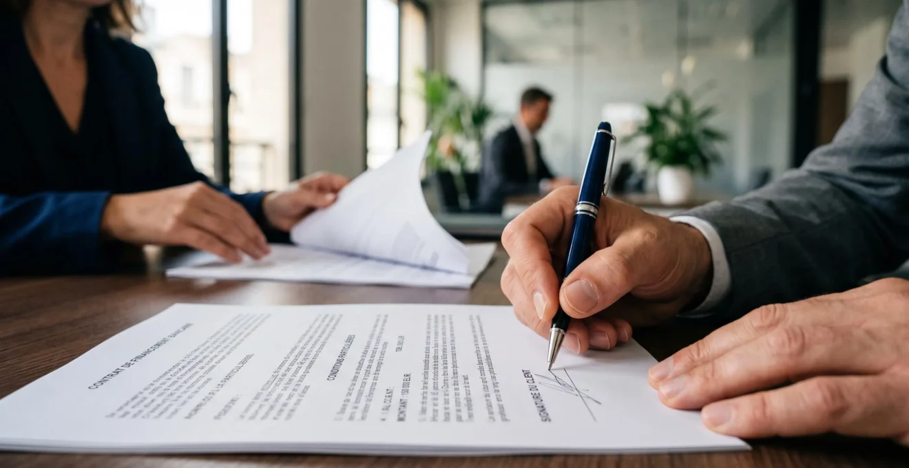 Main d'un entrepreneur signant des documents de financement bancaire lors de la finalisation d'un accord de prêt professionnel