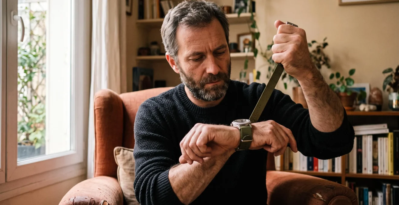 Un homme tire fermement sur un bracelet de montre fraîchement fixé pour vérifier la solidité du système quick release.
