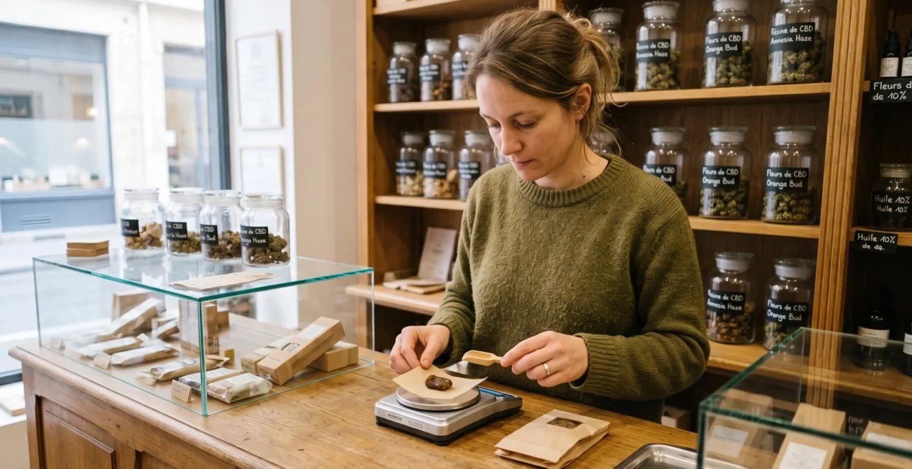 Une vendeuse pèse une portion de résine de CBD sur une balance de précision dans une boutique.