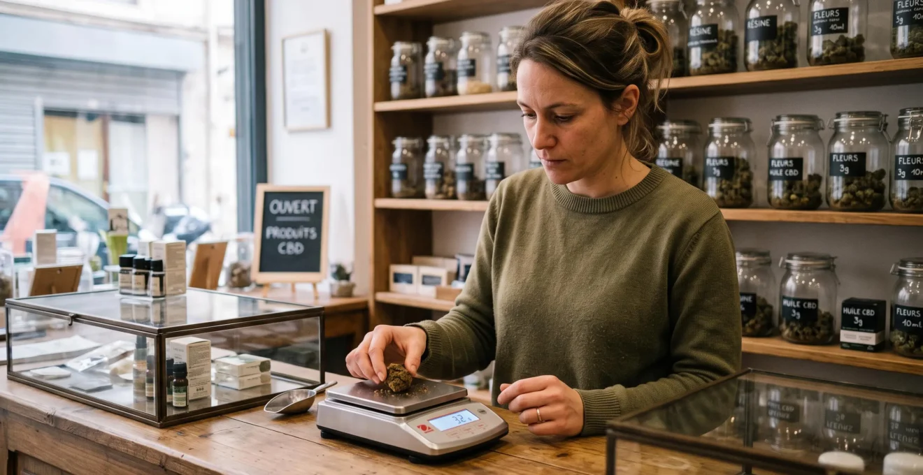 Une vendeuse pèse une portion de résine de CBD sur une balance de précision dans une boutique.