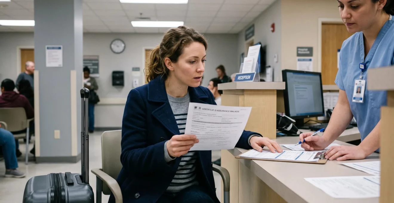 Une voyageuse française consulte son attestation d'assurance voyage au comptoir d'admission d'un hôpital américain.