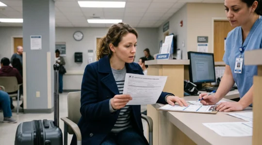 Une voyageuse française consulte son attestation d'assurance voyage au comptoir d'admission d'un hôpital américain.