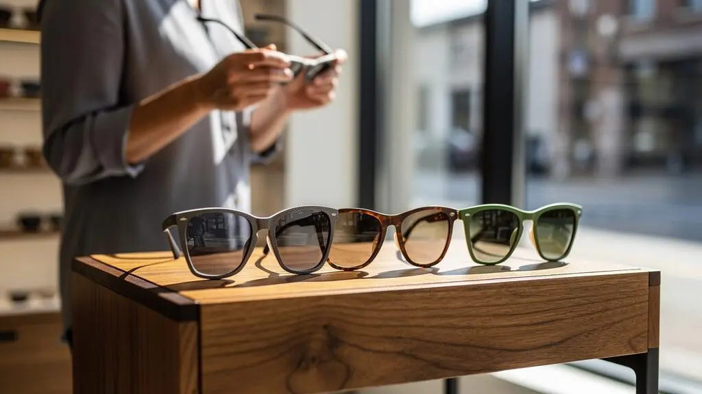 Un client compare trois paires de lunettes de soleil aux verres gris, bruns et verts sur un présentoir.