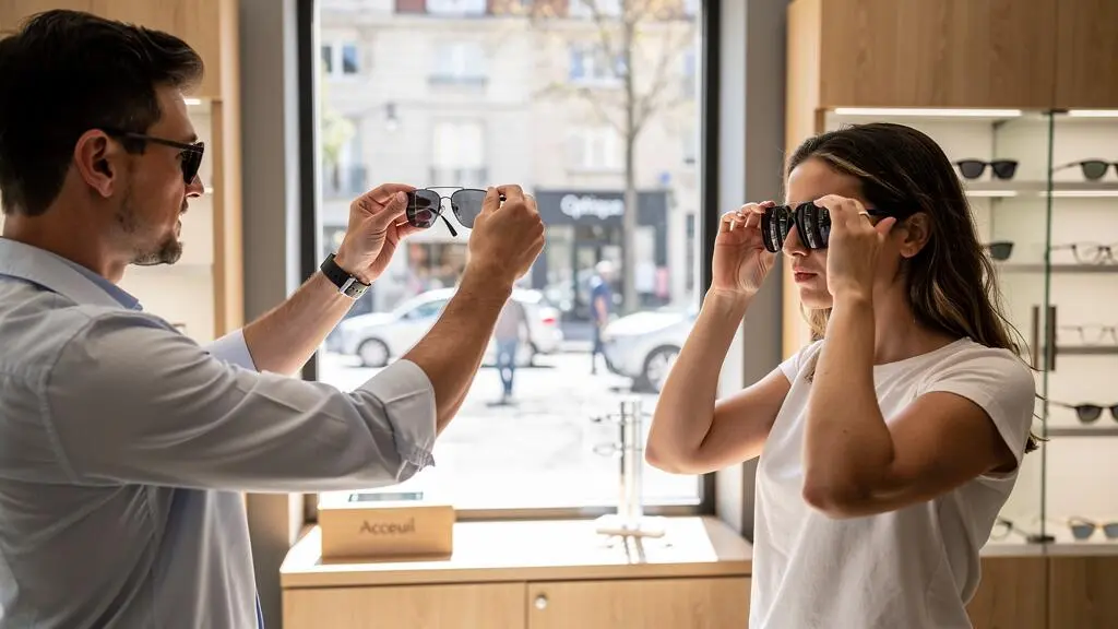 Un opticien présente une paire de lunettes de soleil à verres gris à un client en boutique.