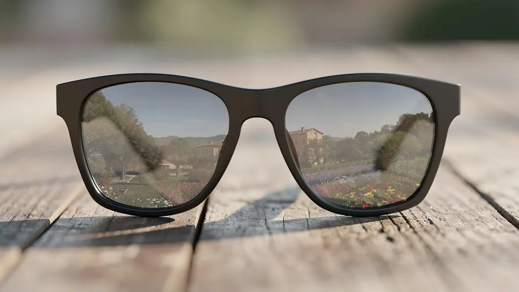 Un paysage coloré visible à travers des verres de lunettes de soleil gris posés sur une table.
